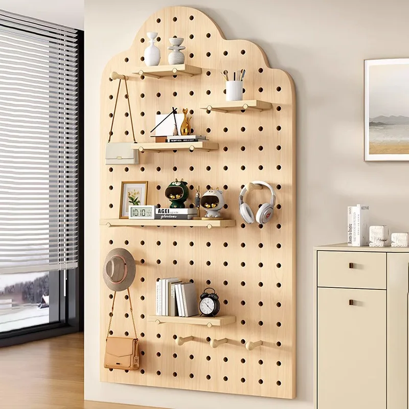 Customized hole board entrance wall shelf wooden study baffle storage rack hanging board display rack background wall