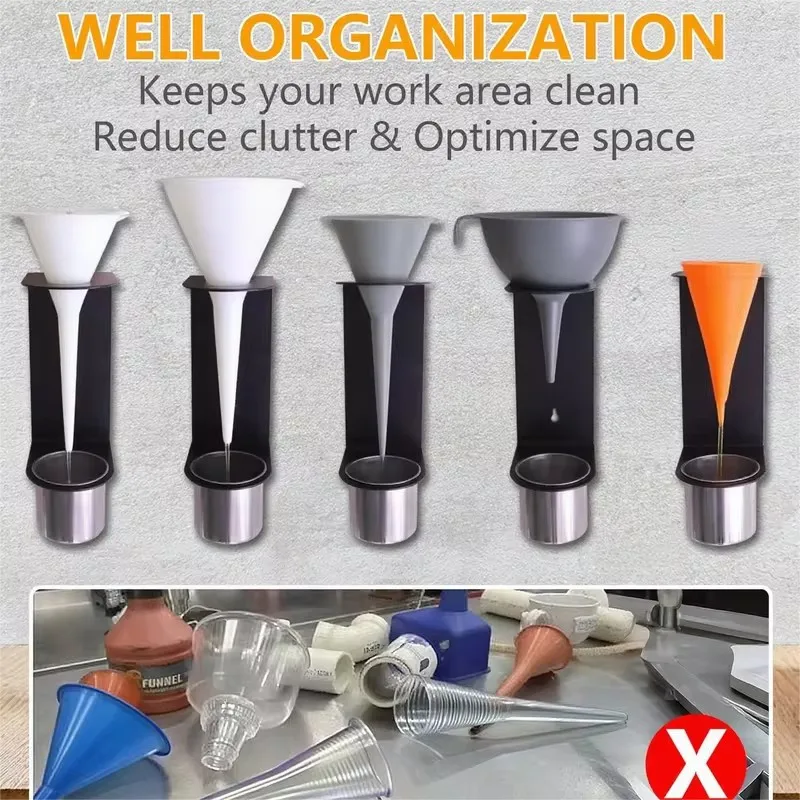 Pair of Wall Oil Funnel Racks with Removable Drip Trays for Workshop and Garage Storage