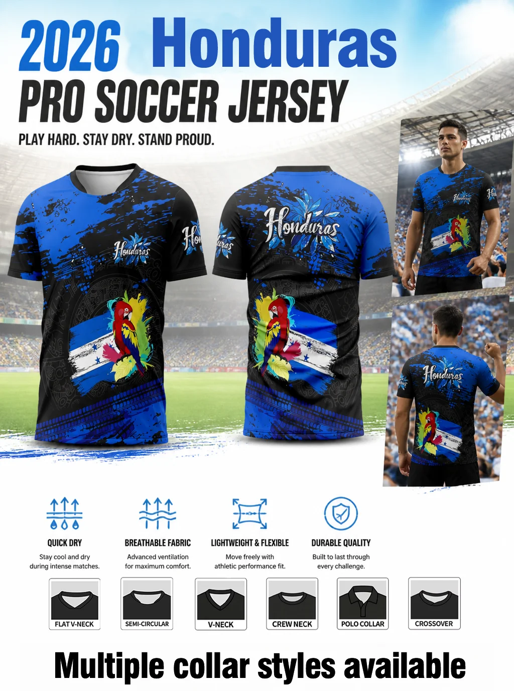 Black‑blue splash‑effect Honduras soccer jersey decorated with national flag, colourful parrot and floral prints