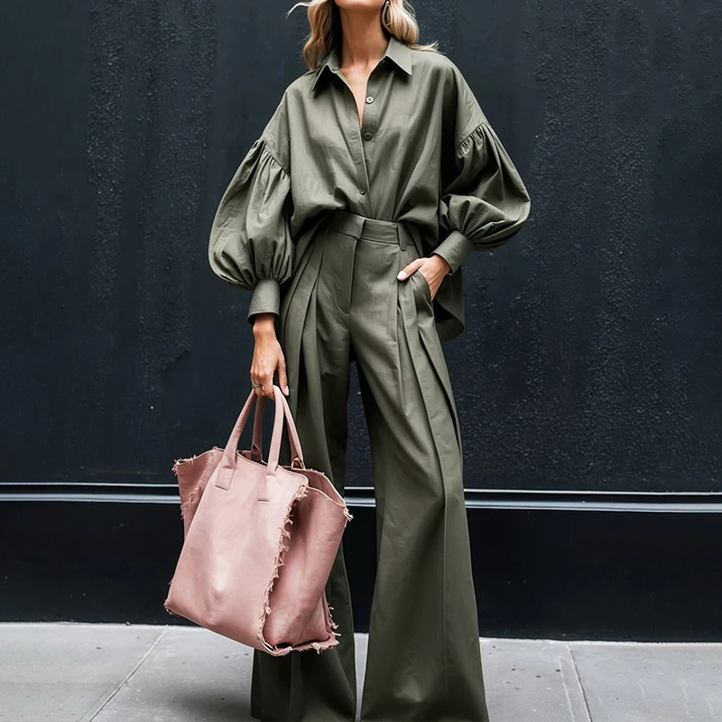 

Women's Lapel Button Shirt and Pants Casual Suit Elegant Lantern Sleeve Commuting Outfit High Street Solid Color Loose Two Piece