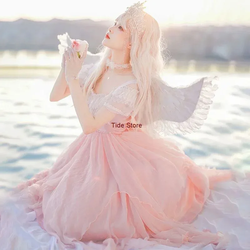 

[Flower Mist] Summer Op Short Sleeve Fairy Mesh Lolita Dress Flower Wedding Lolita Dresses Harujuku Goth Pink Lolita