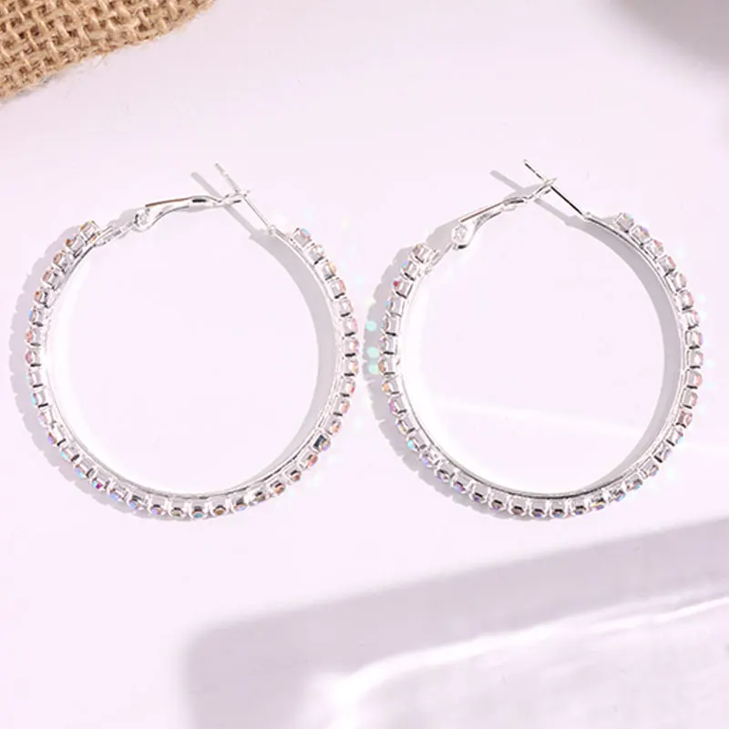 Laser Zircon Rhinestone C Shaped Hoop Earrings for Women Girl Trendy Exaggerate Shining Punk Luxury Wedding Party Accessories
