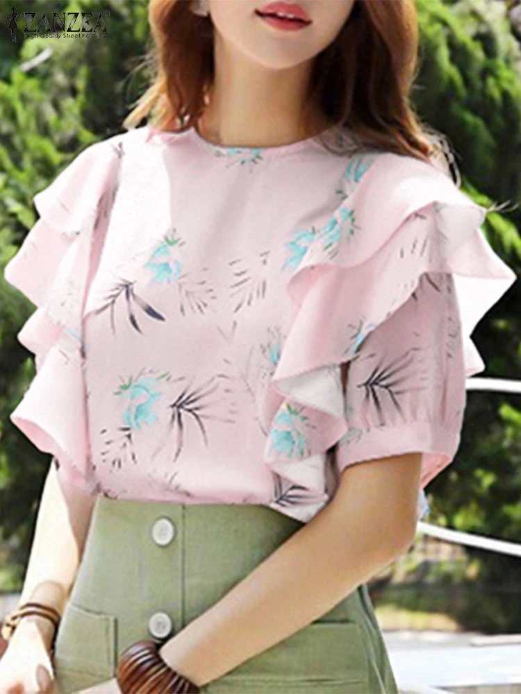 

Women Tops ZANZEA Bohemian Blouse 2025 Fashion Floral Print Tee Summer Ruffles Blouses Short Sleeve Blusas Holiday Work Tunic
