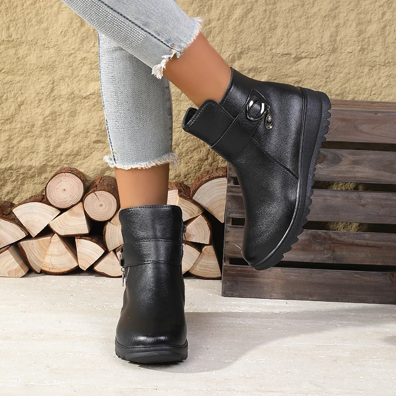 Sepatu Bot Hangat Berlapis Bulu Musim Gugur & Musim Dingin - Sepatu Nenek dengan Ritsleting Samping Anti Selip, Alas Kaki Bergaya Serbaguna untuk Usia Paruh Baya & Lansia