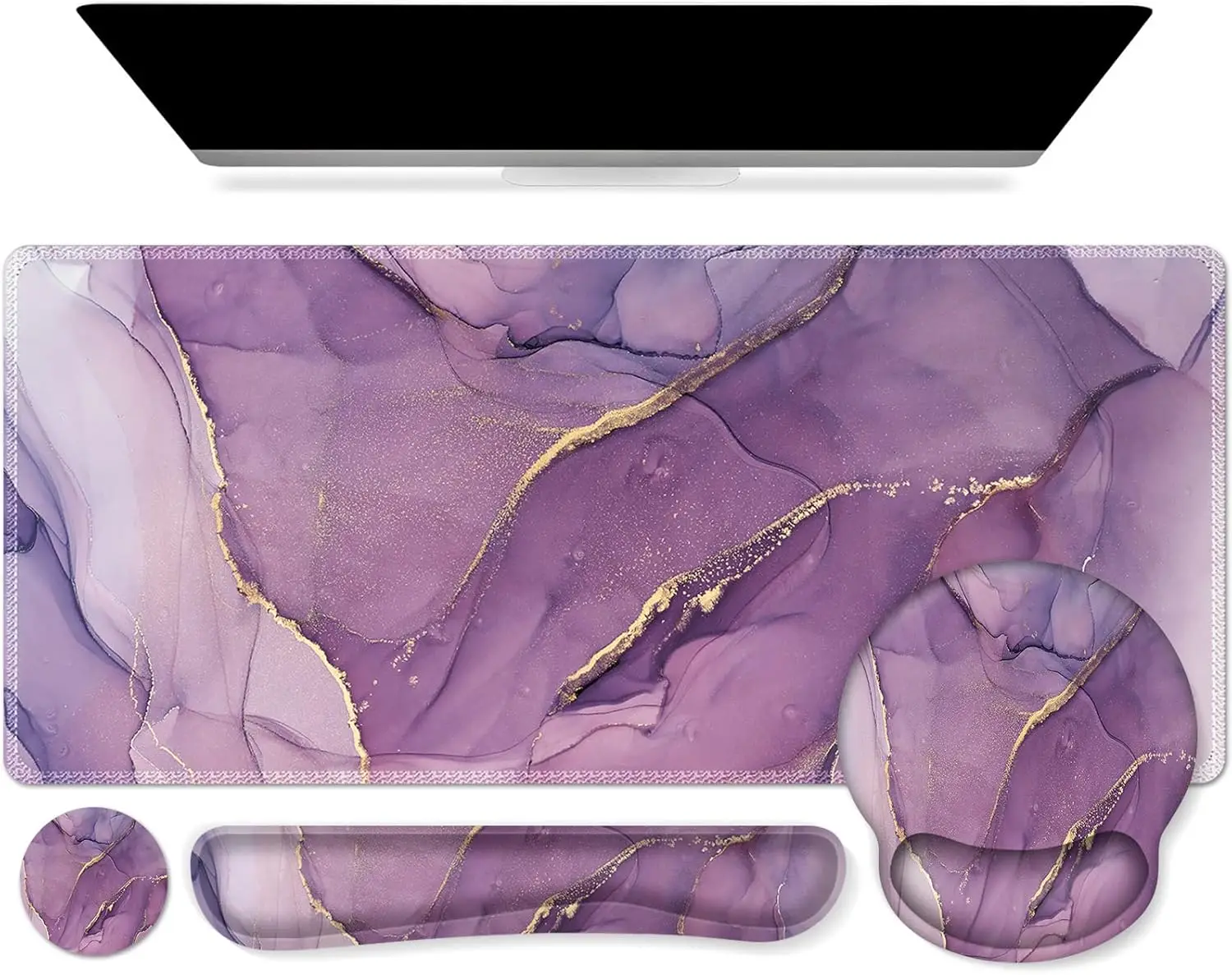 Purple Ergonomic Large Mouse Pad with Wrist Support, 4in1 XXL Desk Mat Set- Keyboard Wrist Rest + Mouse Wrist Rest + Co
