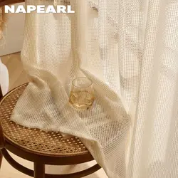 Japan Style Plaid Curtain Woven Beige Curtain Yarn For Living Room Window Solid Color Tulle Bedroom Curtain Voile Party Drapes