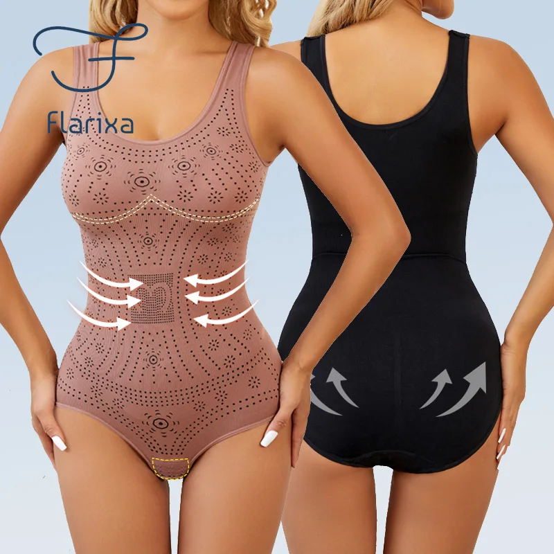 Flarixa Plus Size Shapewear for Women Open Crotch Bodysuit Printed Slimming Underwear Postpartum Seamless Body Shaper Corset 5XL