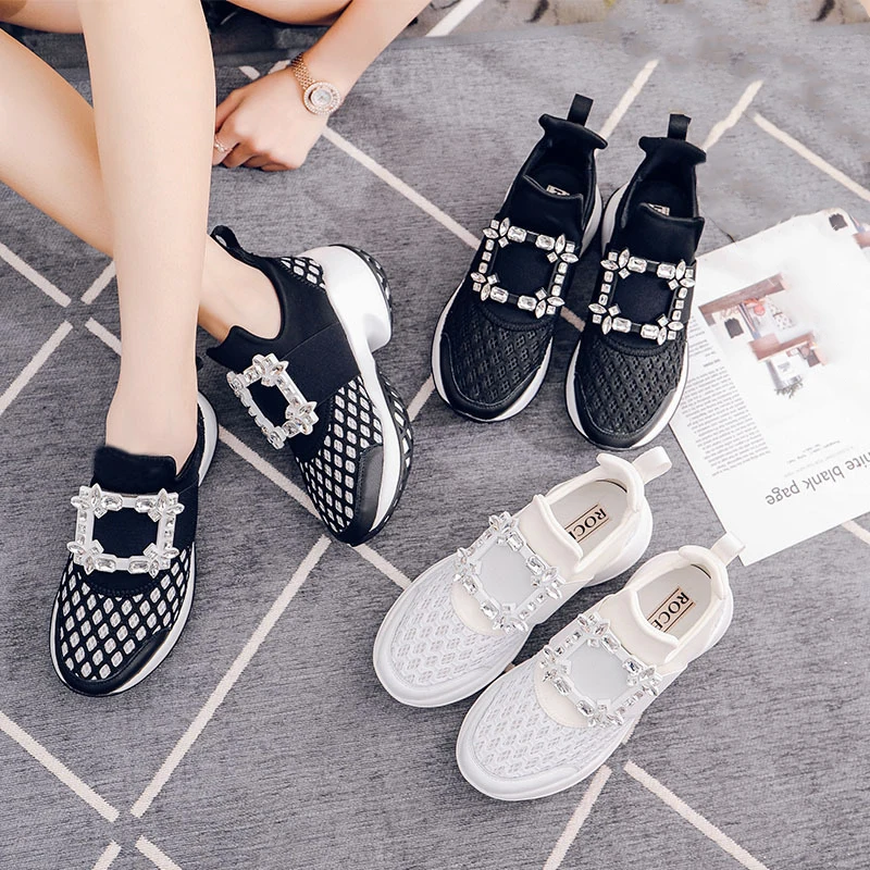 Fashion Luxury Women\'s Sports Sneakers Female Vulcanized Buckle Platform Shoes Casual Mesh Designer Shoes Crystal Clunky Sneaker