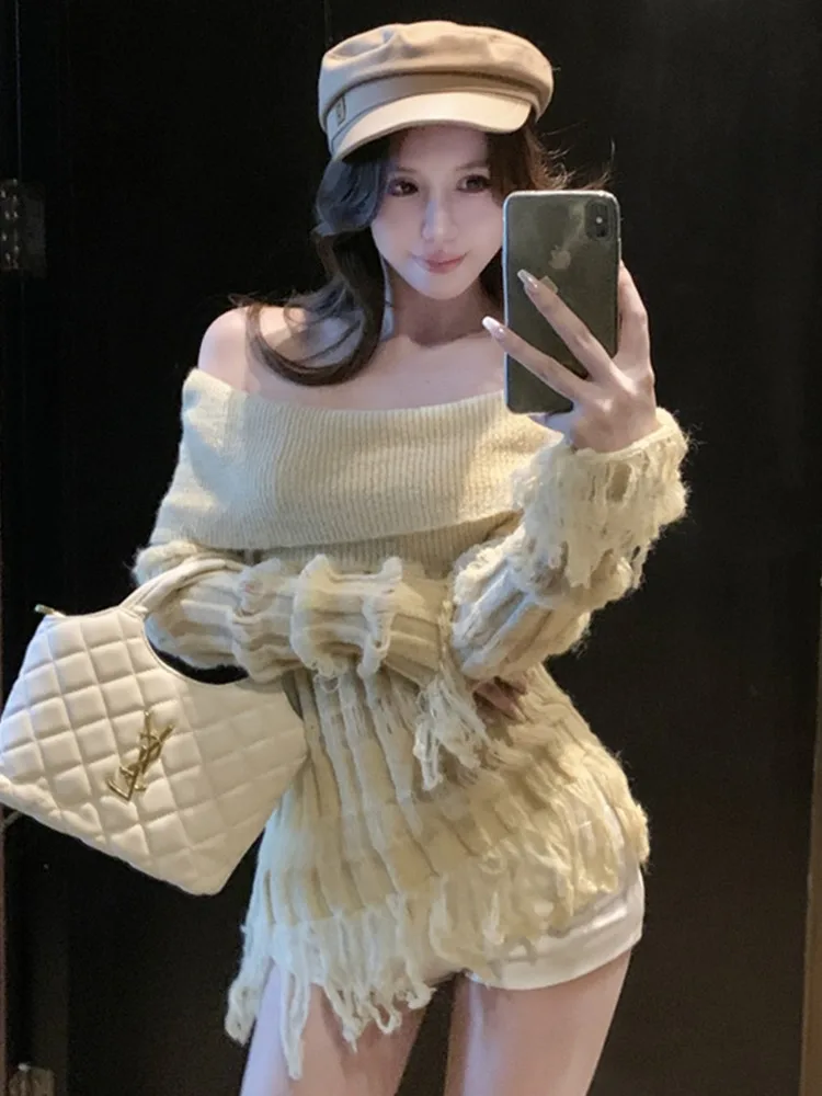 Coreano Sle Lungo Sve Scava fuori Top lavorato a maglia Faion Nappa Trim oulder Baring di media lunghezza Autunno Inverno irt