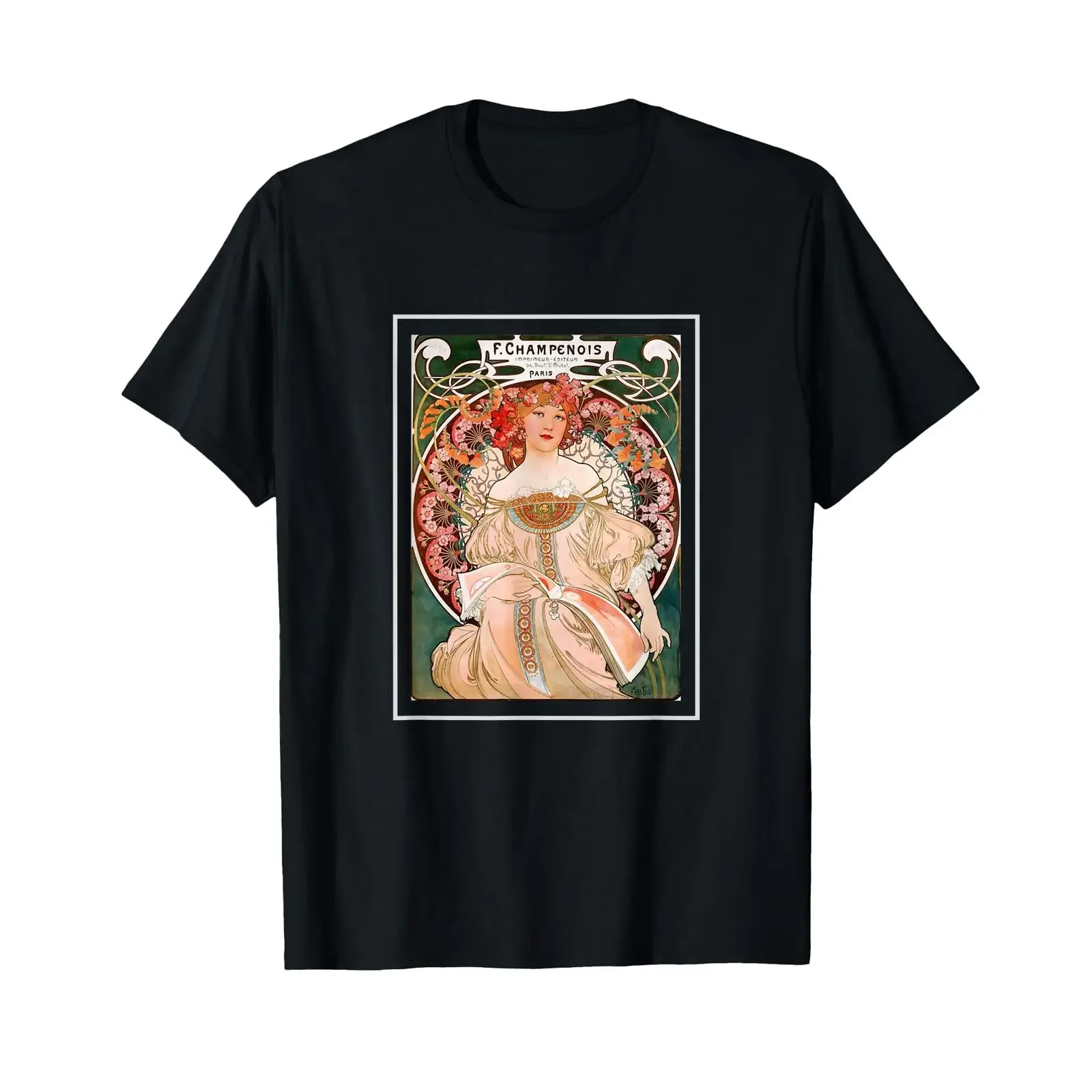 Alphonse Mucha T Shirt Champenois Imprimeur Editeur vintage Washed homme Stretched fashion graphic Versatile Soft Casual