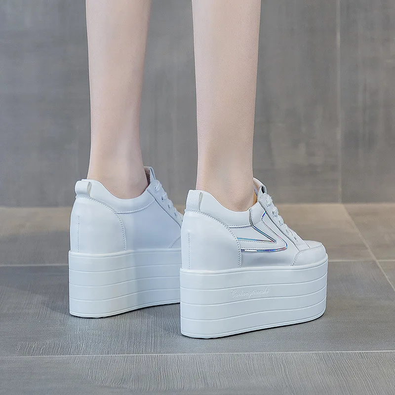 High quality 12cm Synthetic Genuine Leather Boot Ankle Women Autumn Spring Cowboy Platform Wedge High Brand Chunky Sneaker Shoes