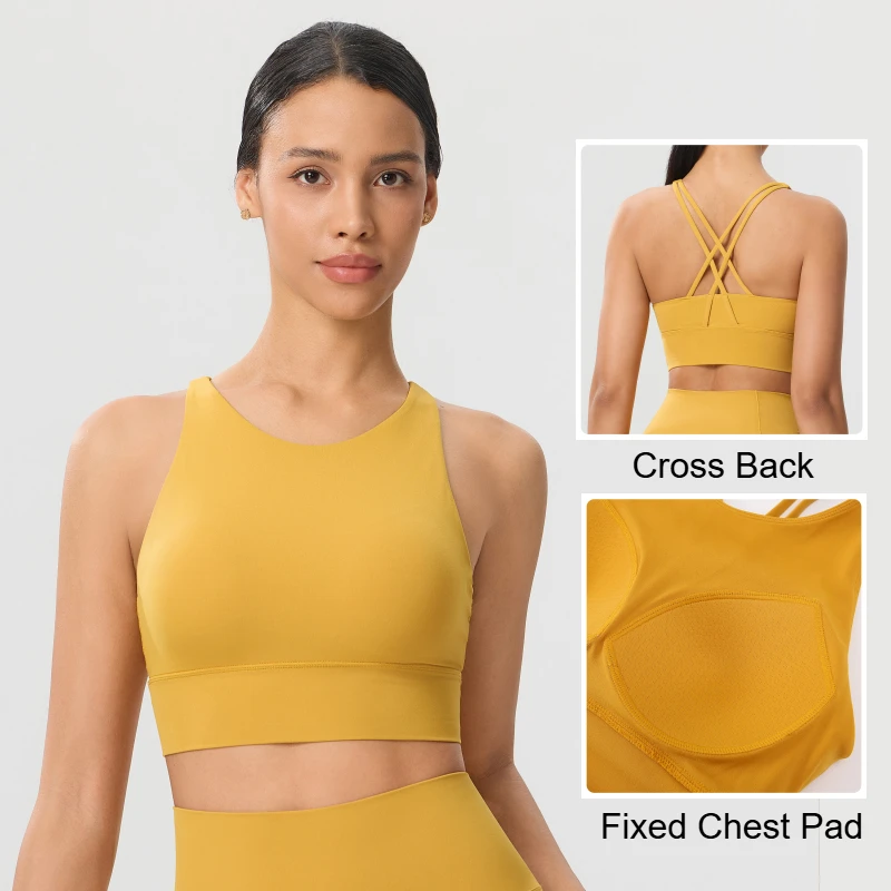 Solid Color Women Cross Back Fitness Sport Bra High Strength Tight Top Comprehensive Training Gym Yoga Underwear with Chest Pad