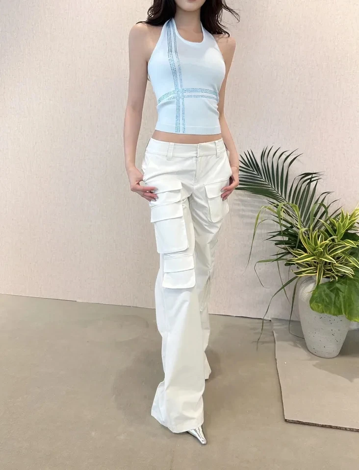 2024SS Summer New Women Casual High Quality Pockets White Straight Pants Trouse for Female