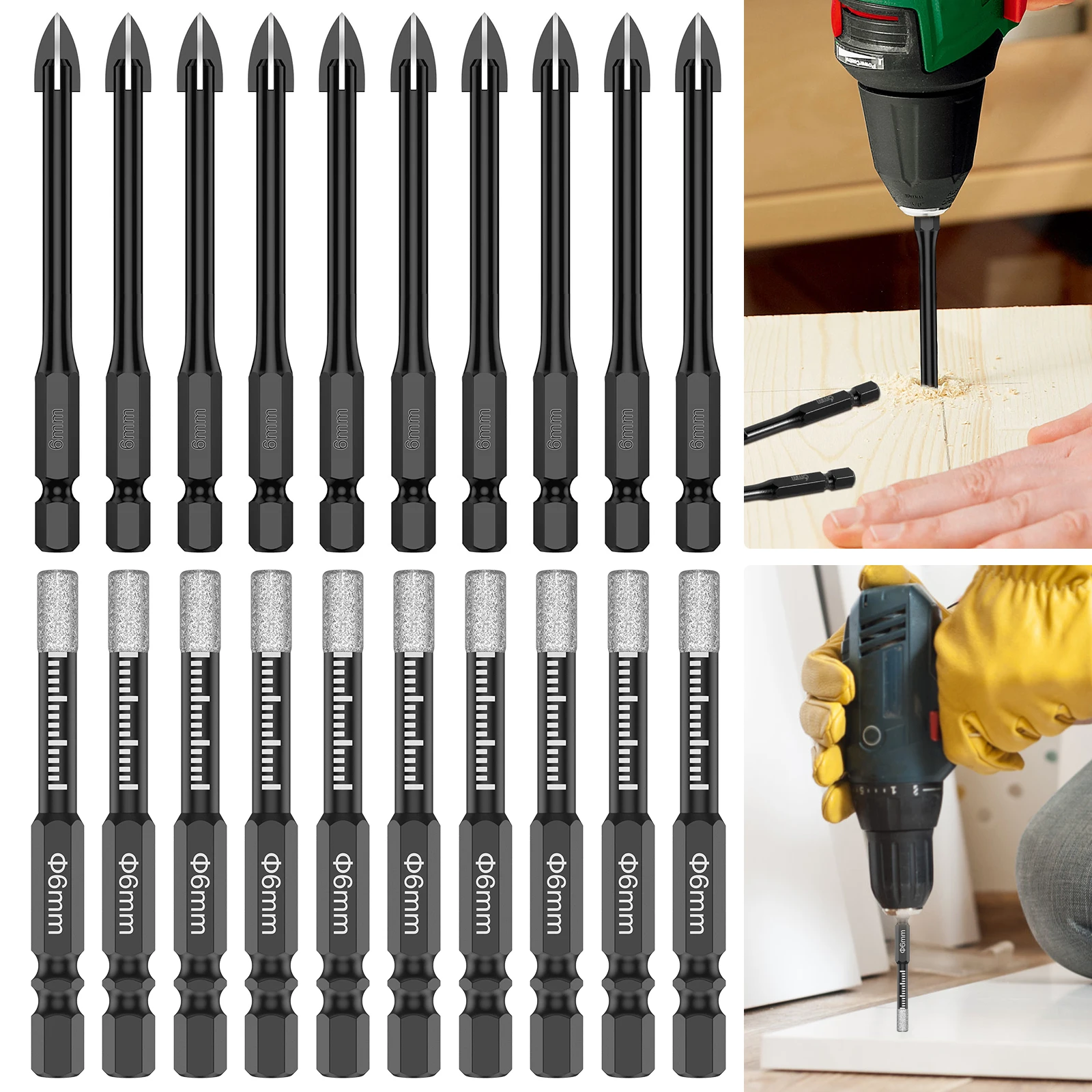 

7/10/20CPS 6mm Dry Diamond Drill Bits Set Bit Carbide Tile Porcelain Drill Quick Change Hex Shank forGlass Mirror Granite Marble