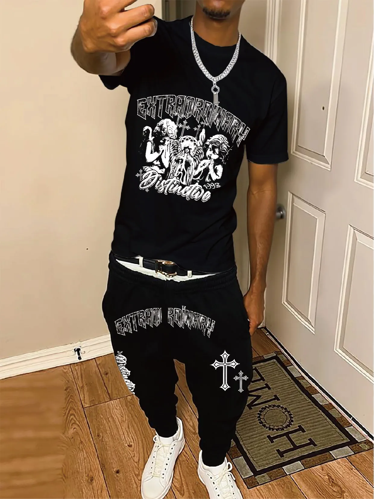 Short-sleeved trousers suit, white, trendy anime print "Extravagant" for casual travel