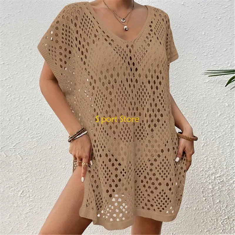 U2JB Costume da bagno donna sexy con scollo a V e manica corta, abito corto da spiaggia all'uncinetto, costume da bagno