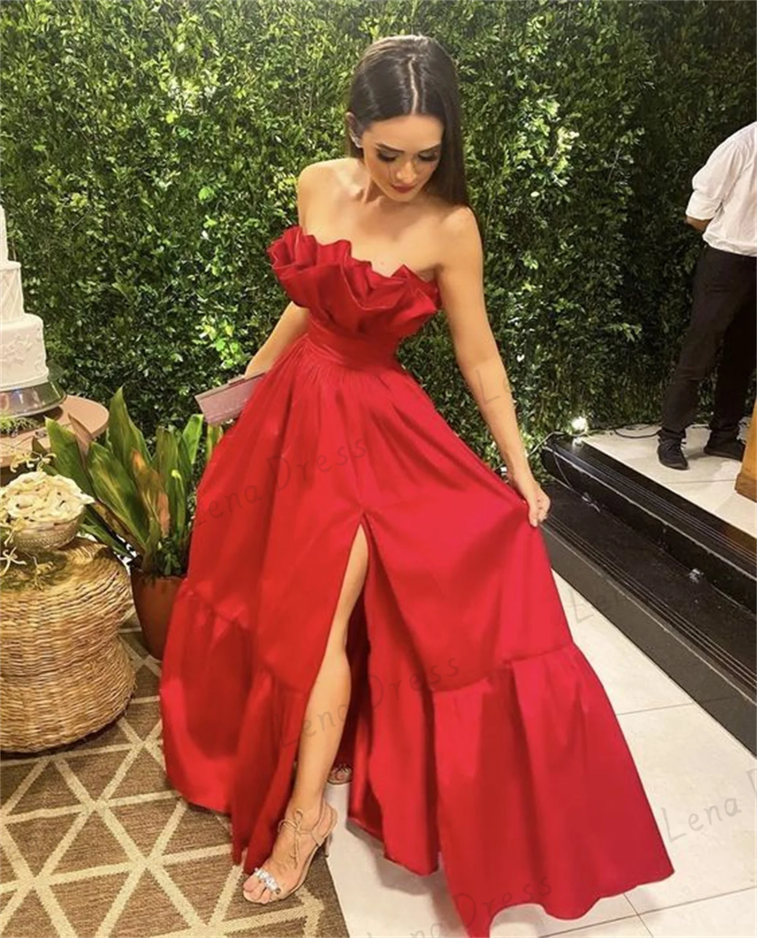 Lena Ball Gowns Satin Luxurious Women's Evening Dresses for Formal Occasions Red Prom Dresses 2024 Sleeveless Line A Tube Top