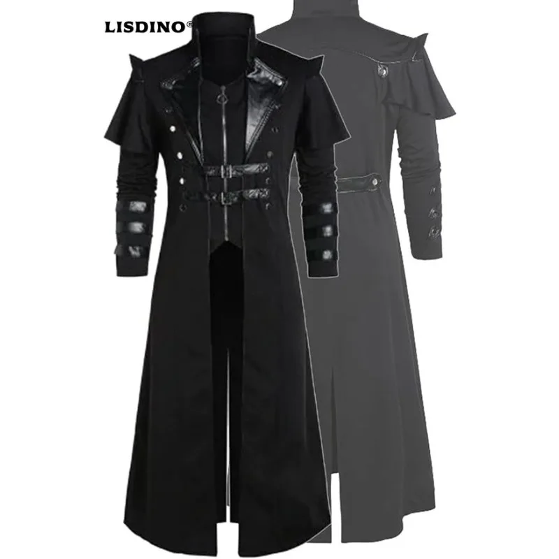 

1Men's Steampunk Gothic Long Trench Coat Jacket Double Breasted Zipper Punk Tops Cosplay Medieval Costume Black