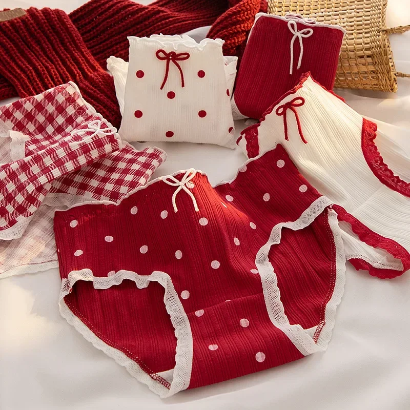 

Cute Women's Underwear Red Point Briefs for Girls Bowknot Plaid Female Panties Comfort Seamless Ladies Lingerie Mid Waist Pantys