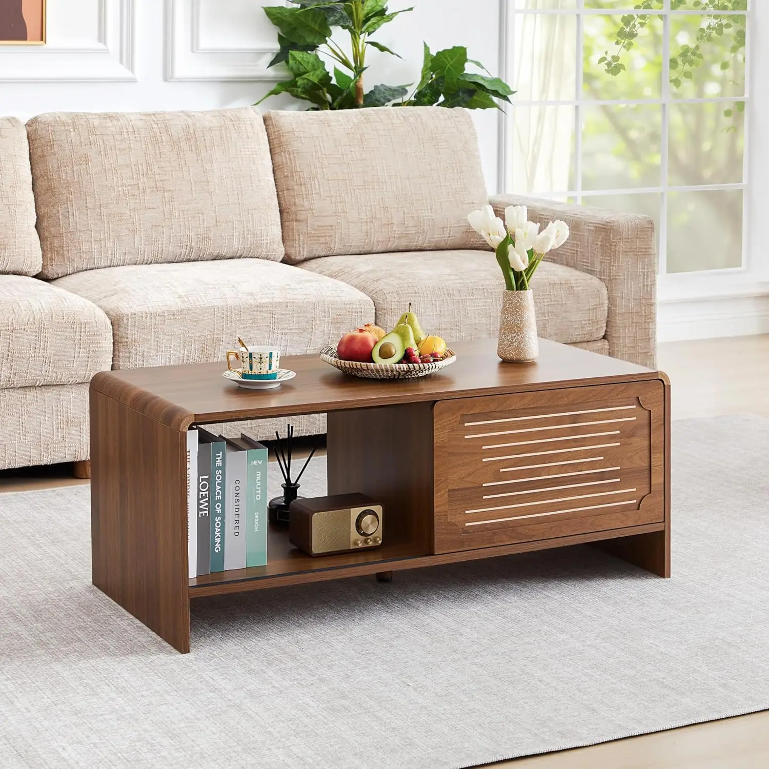 

Журнальный столик 43,3 дюйма, 2-уровневый прямоугольный центральный стол с раздвижной дверцей, современный деревянный журнальный столик с прочным основанием, на заказ