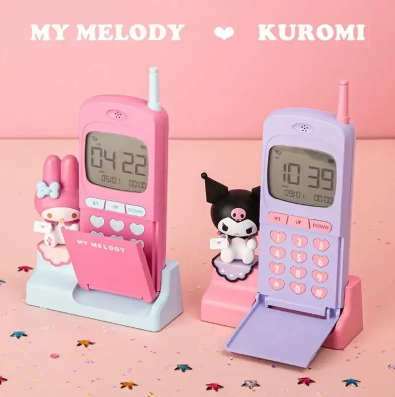 Mymelody Kuromi reloj electrónico de escritorio adornos de alarma muñeca bonita mesa Retro Colock teléfono Kawaii Anime juguete de peluche para regalo de niña