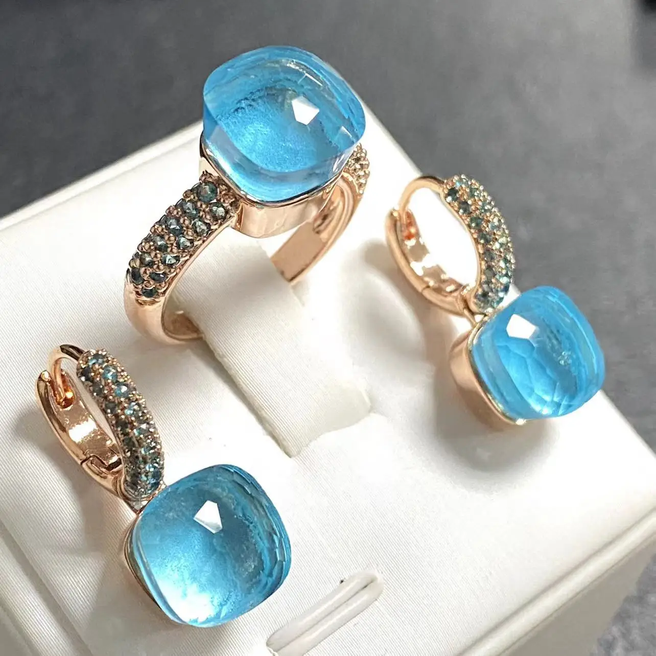 2Pcs/Set Classic Jewelry Set Earrings Jewelry Set Inlay Blue Topaz Zircon Rose Gold Plated 30Colors Candy Crystal Jewelry Set