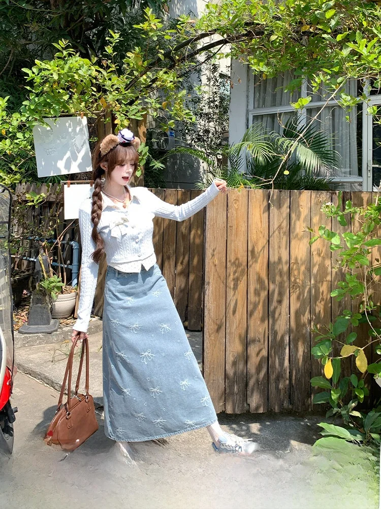 

Blue Denim Embroidered Half Skirt Women's Commuter Versatile Knot Long Skirt High Waist A-Line Daily Wear Polyester...