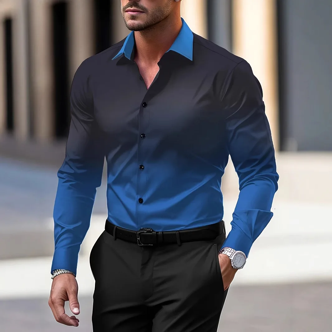 

Men's Color Gradient Contrast Color 3D Printed Shirt Men's Lapel Long Sleeve Business Formal Clothing Casual Outdoor Vacation