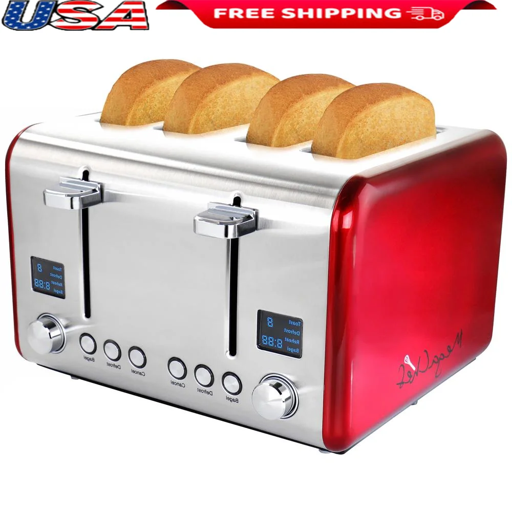 

4 Slice Toaster Extra Wide Slots Stainless Steel Automatic Defrost Reheat Cancel LCD Timer Browning Settings Crumb Tray Non Slip