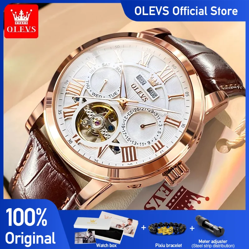 OLEVS Men\'s Watches Classic Fashion Automatic Mechanical Original Watch for Man Waterproof Leather Strap Luminous Calendar