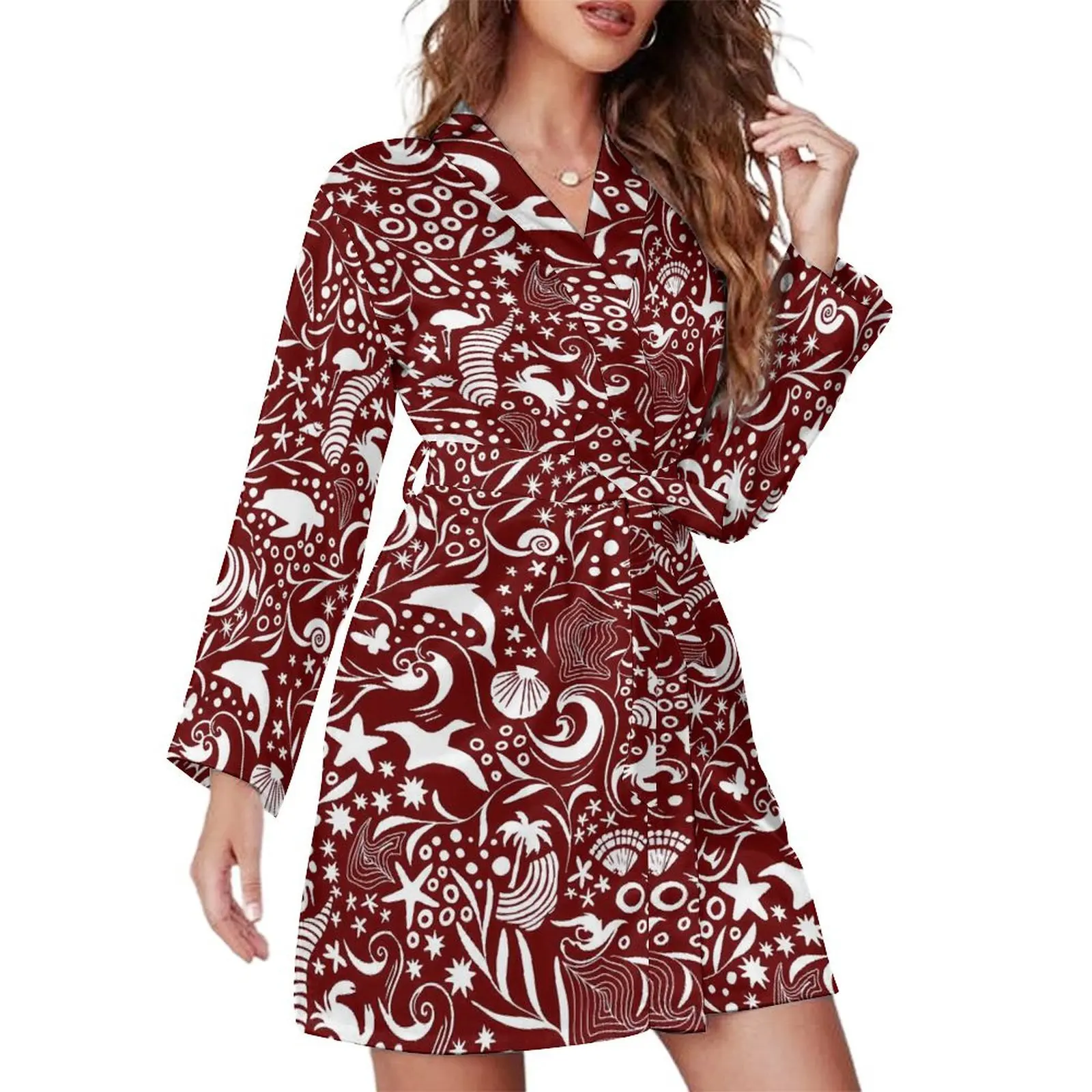 Sea Fish Dolphin Waves Pajama Robe Red White Ocean Long Sleeve Pajamas Robes V Neck Aesthetic Bathrobe Autumn Design Dresses