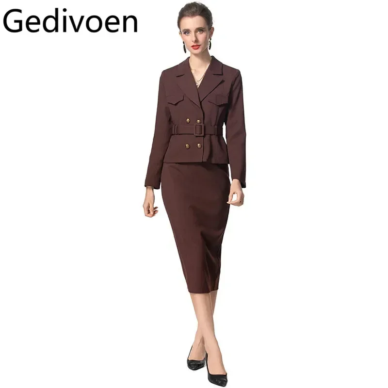 Gedivoen Women's Elegant Office and Business Suit Long Sleeved  Double-Breasted Tops+ Slim-Fit Hip Wrap Skirt 2 piece set