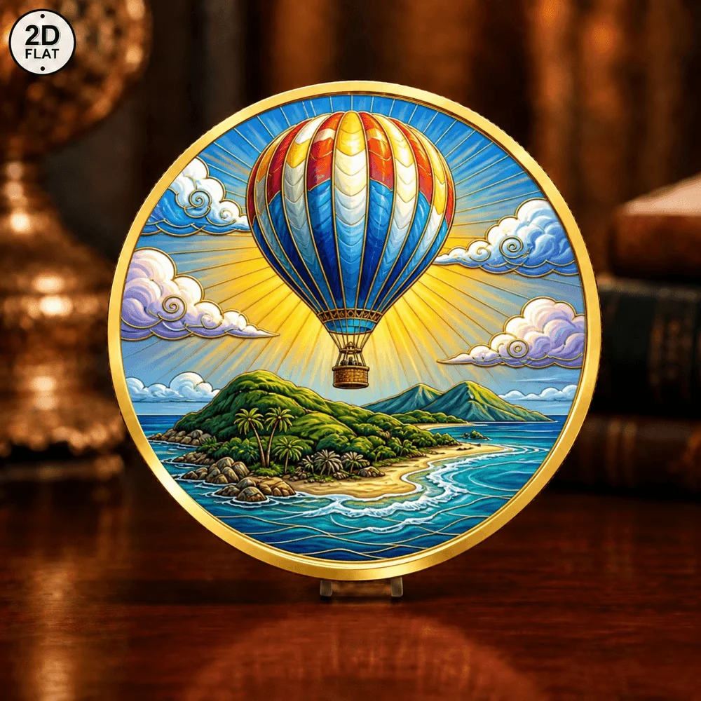 1pc Nautical Voyage Art Commemorative Coin 2D Tropical Island Balloon & Ocean Sailing Ship Metal Coin Gifts for Travel Lovers