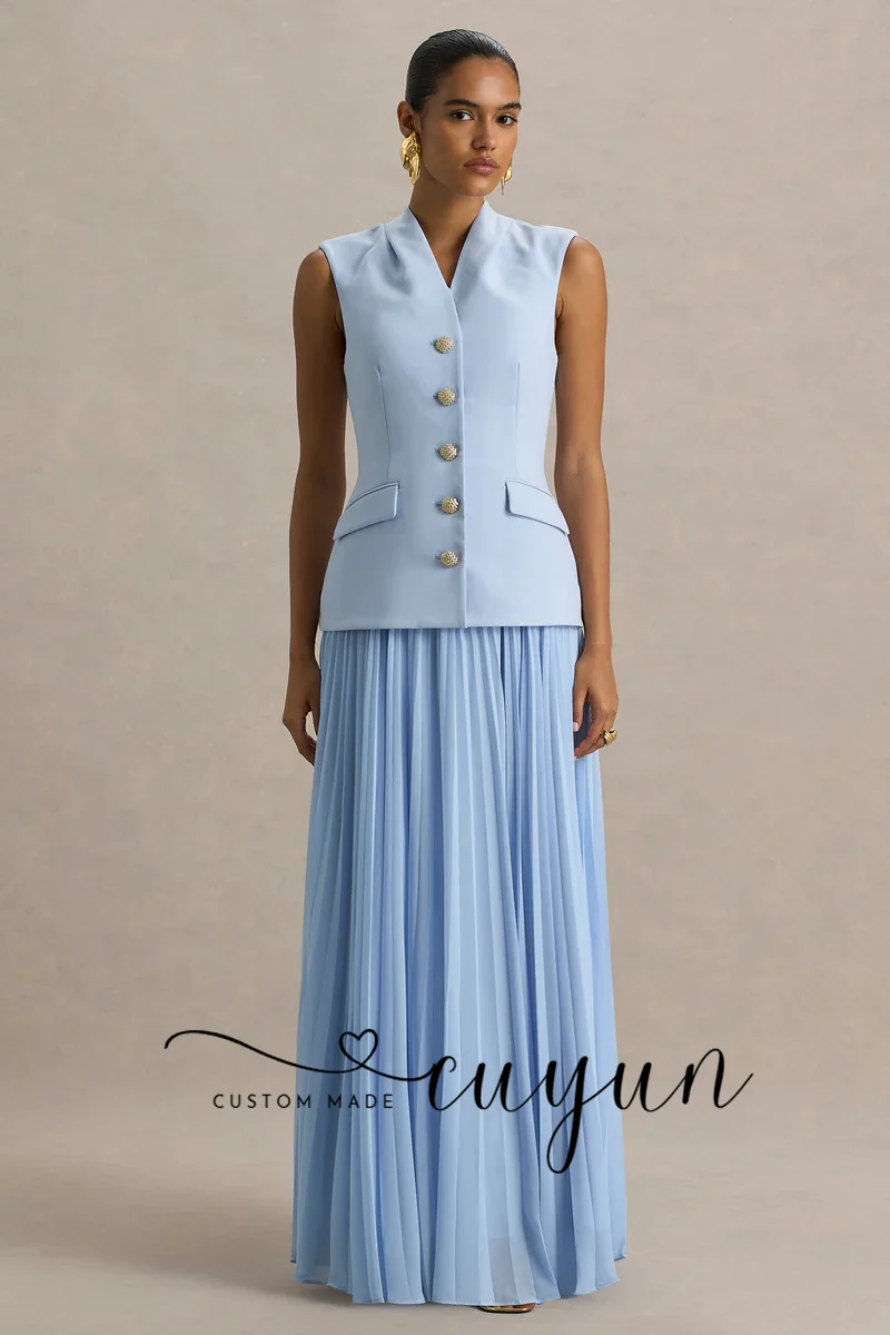 CUYUN Abito da sera personalizzato chic azzurro cielo con scollo a V senza maniche giacca monopetto pieghettato lungo abito da ballo cena festa