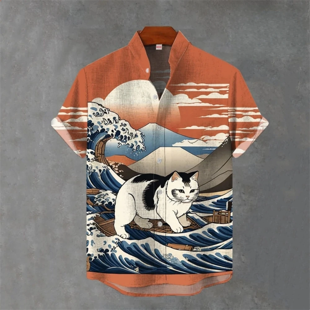 Japanese Cat 3D Animal Graphic Men's Shirt Summer Casual Short Sleeve Tops Hawaiian Shirt Men Oversized Lapel Button T-Shirt Man
