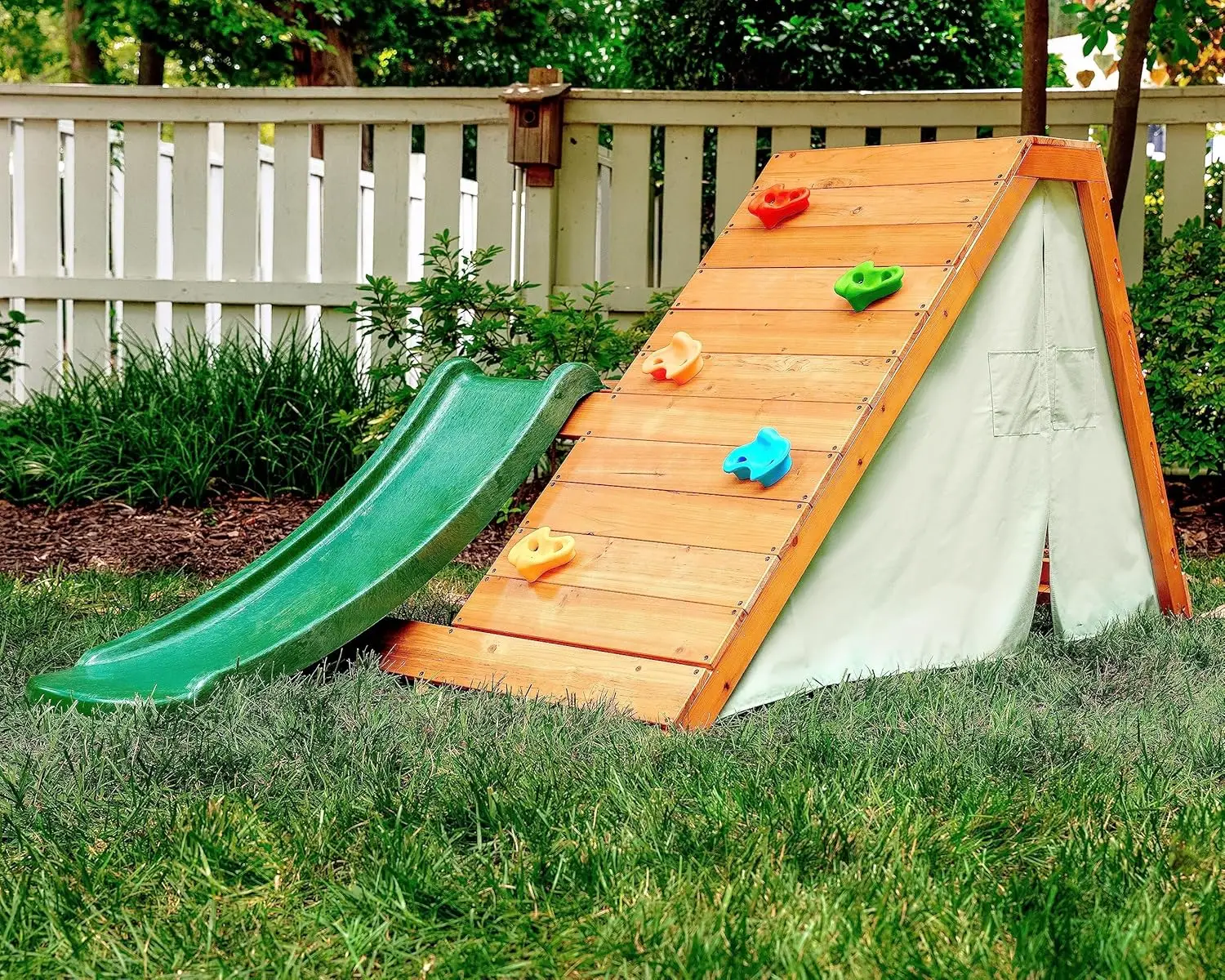 Palmeira ao ar livre e interior playground 5 em 1 quintal playset com escada, parede de rocha, corrediça de 4 pés, tenda forte, jogo estilo montessori