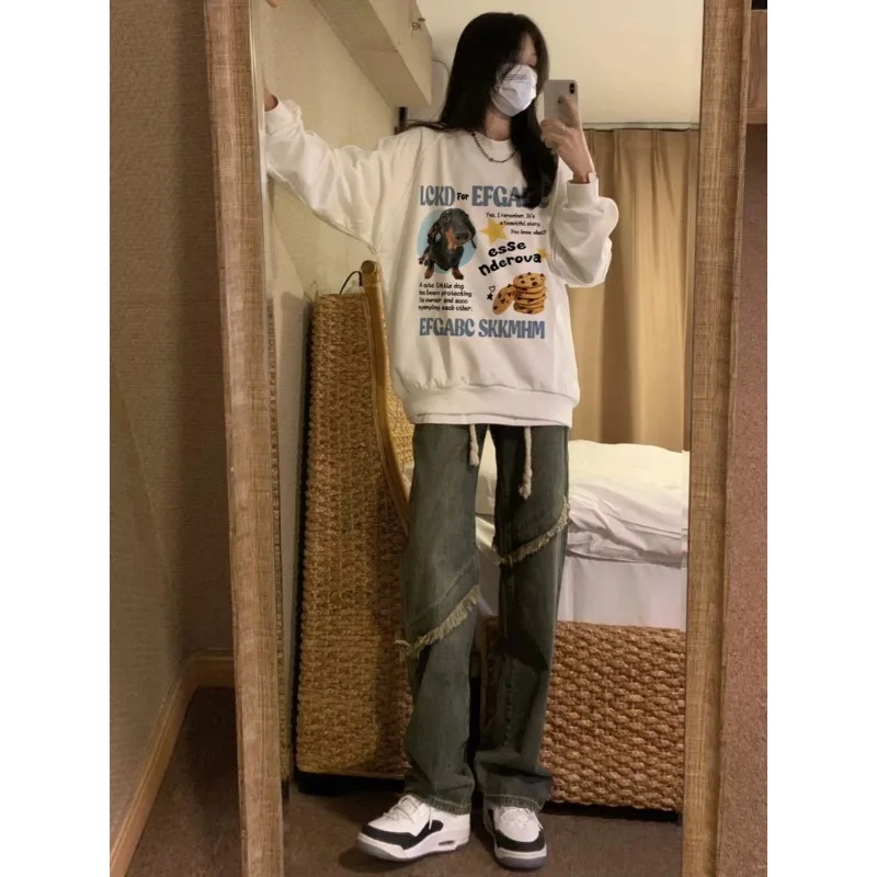 Unisex Cute Dachshund Dog Cookie Print Crew Neck Sweatshirt Loose Long Sleeve Pullover Casual Vintage Streetwear Tops