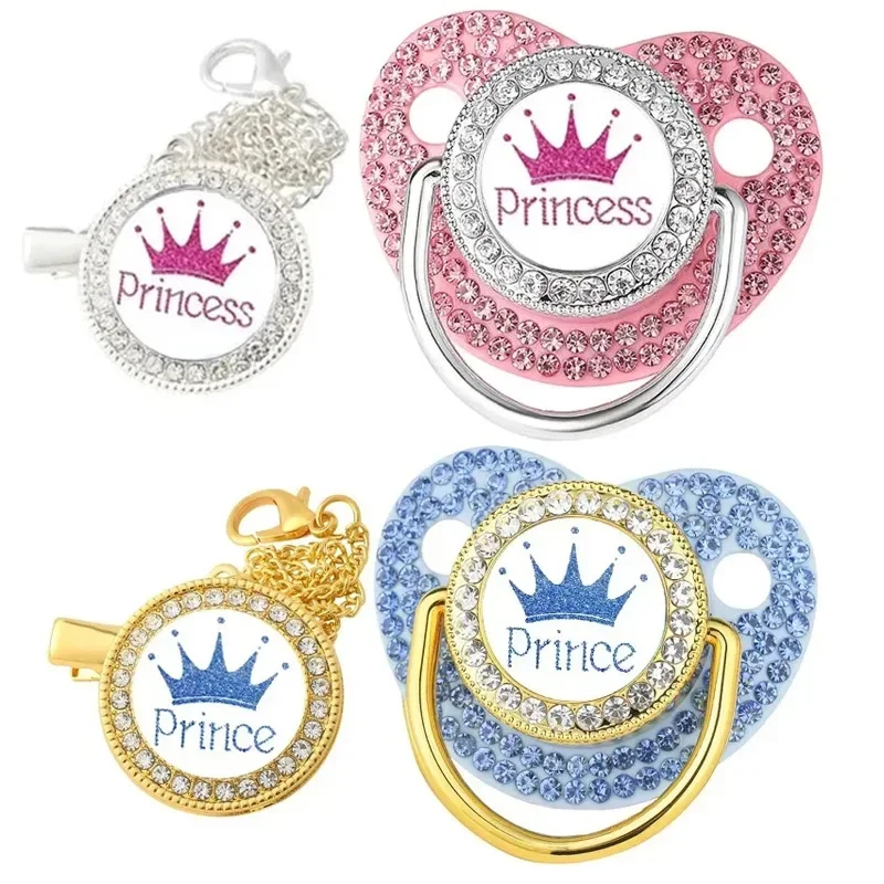 

Luxury Rhinestones Baby Pacifier Chain Clips with Lid Princess Prince Crown Pacifiers Newborn Silicone Nipple Infant Shower Gift