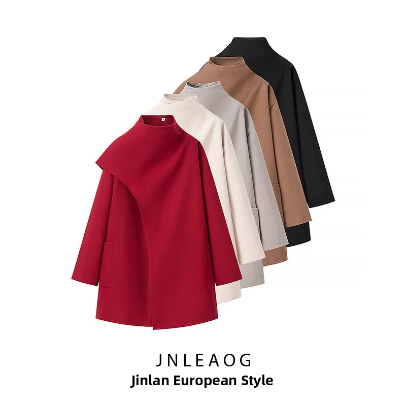 

JNLEAOG Women's Double-Faced Woolen Coat Pure Color Versatile Design Autumn Fashion Outerwear French Style Loose Fit Long Sleeve