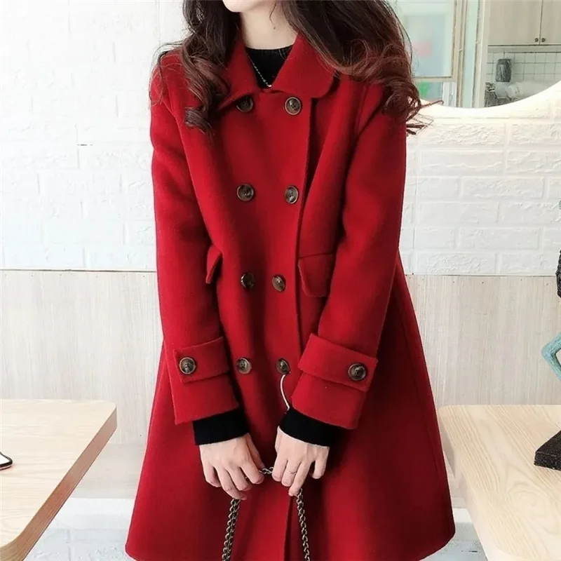 

Autumn Winter Mid-Long Woolen Coat Women 2025 New Fashion Loose Overcoat Jacket Pure Colour Doll Collar Button Outerwear Female