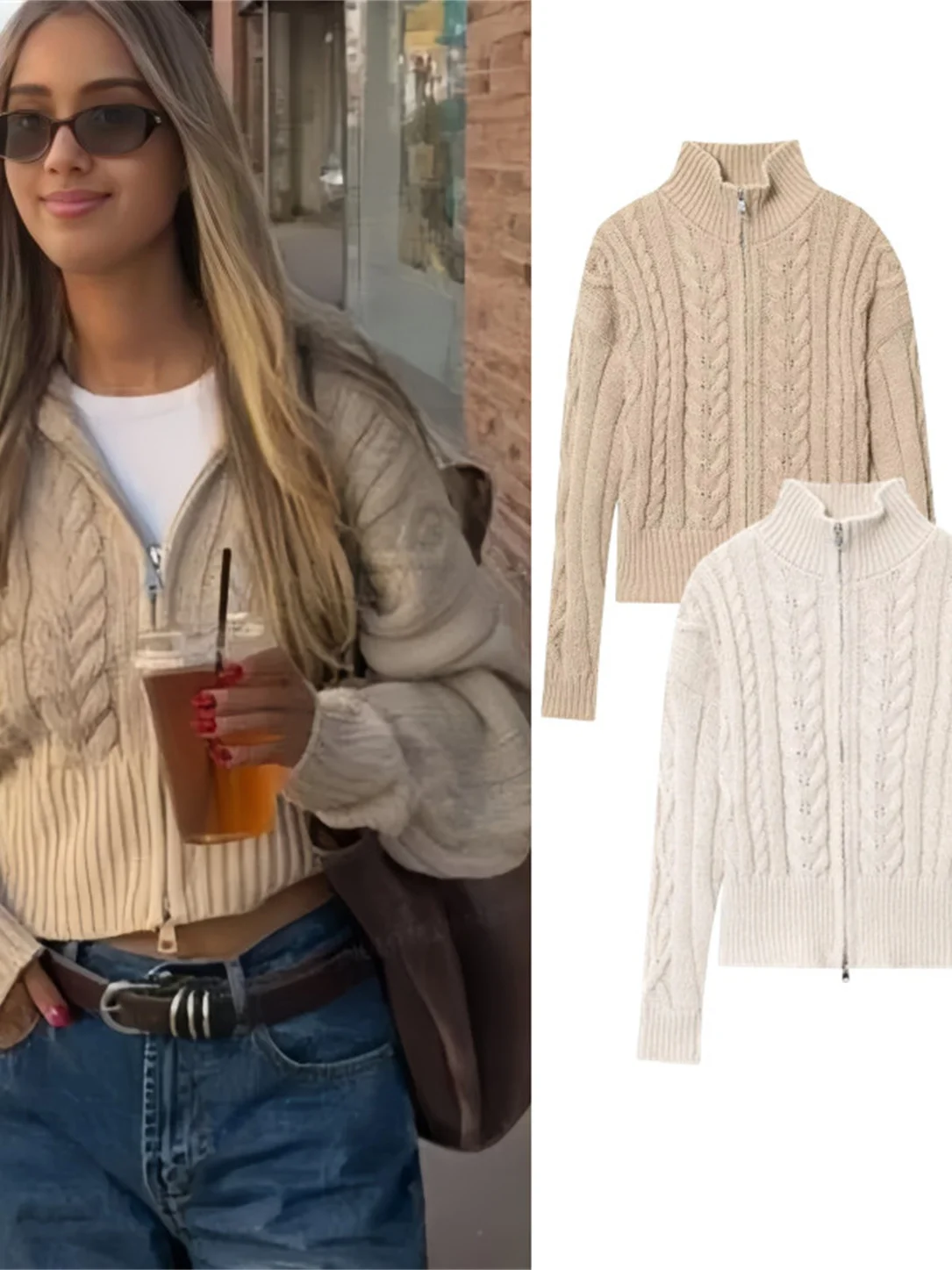 

Осень-зима женский вязаный длинный свитер на молнии с воротником-стойкой, кардиган Lazy Sle, модный повседневный удобный крой