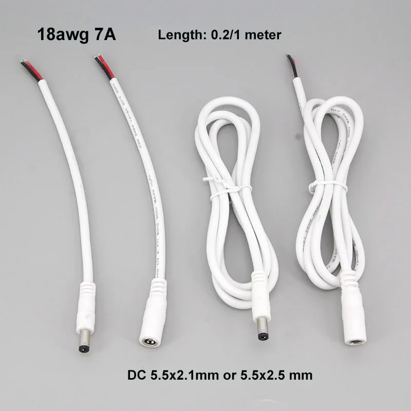 18awg 7A DC kabel laki-laki kabel DC perempuan konektor kabel ekstensi catu daya 5.5mm x 2.1mm 5525 tembaga 0.2m/1m kawat W28