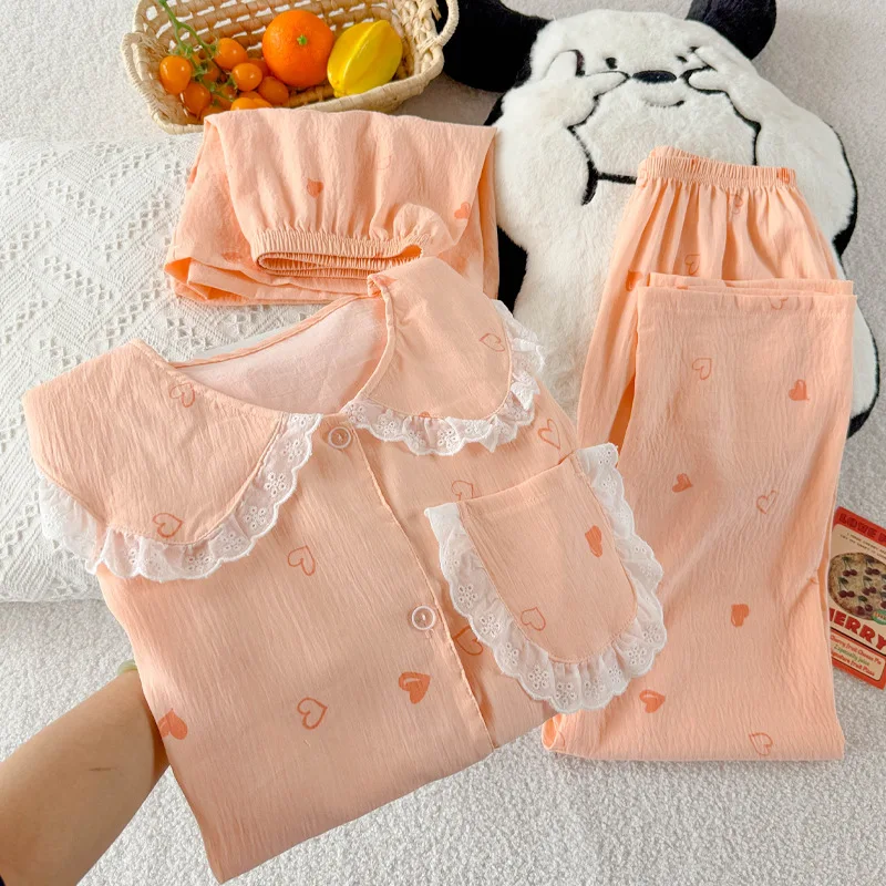 

Female Short Sleeve Sweet Lace Peter Pan Collar Heart Print Homewear Women Summer Thin Pajamas Three-piece Set Casual Sleepwear