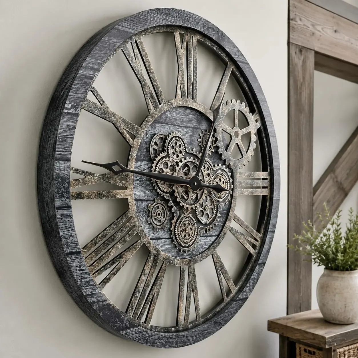 The B-Style Large Wall Clock 36 inch/90cm Carbon Gray | Moving Gear/Oversized Vintage Farmhouse/Living Room Decor/Rustic Industr