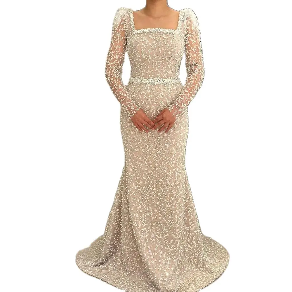 2024 Luxury Lace Sequare Collar Long Sleeve Evening Desses Chapel Train Beading Formal Prom Party Gowns Custom Made Vestidos