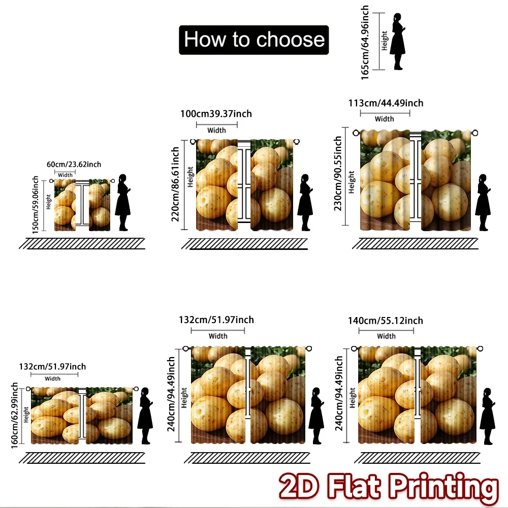 2D flat 2pcs Curtain Vintage drapes and curtains Fresh Yellow Potatoes Digitally printed polyester Festive Curtains for New Year