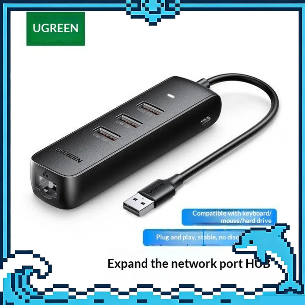 UGREEN 20984 CM416 USB 2.0 Hub with 3 USB Ports 100Mbps Ethernet RJ45 USB-C Auxiliary Power Input Black