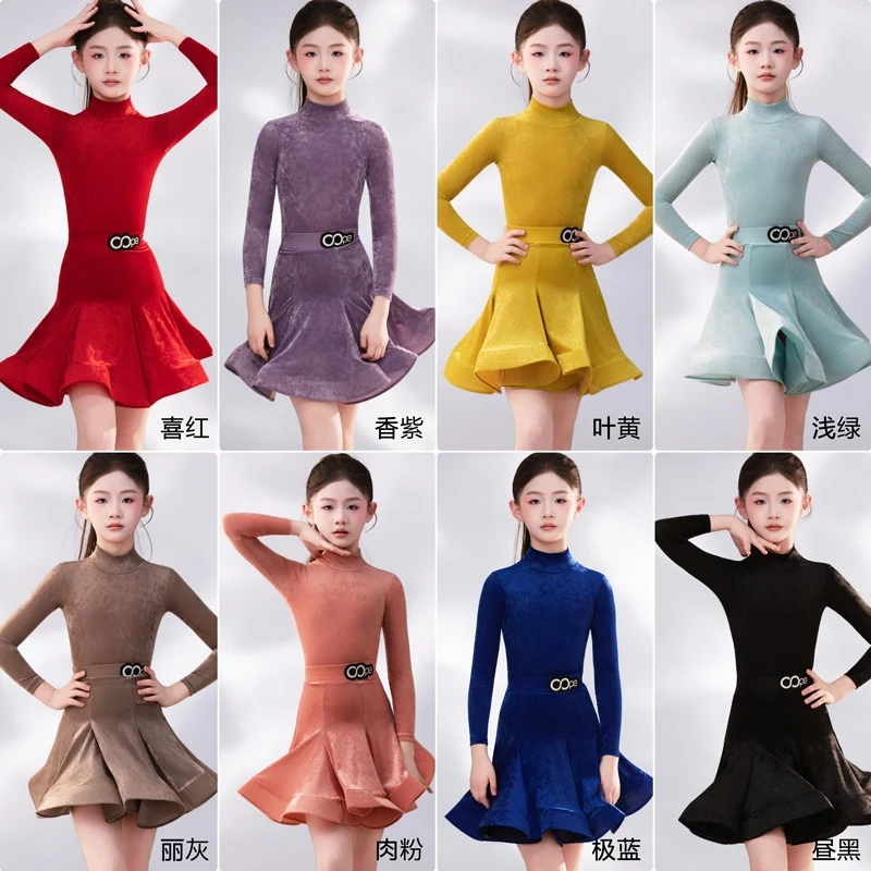 

Новое платье для профессиональных соревнований по латинским танцам для девочек, бархатное платье с длинными рукавами, костюм, детская танцевальная одежда для ча-ча, тренировочная одежда