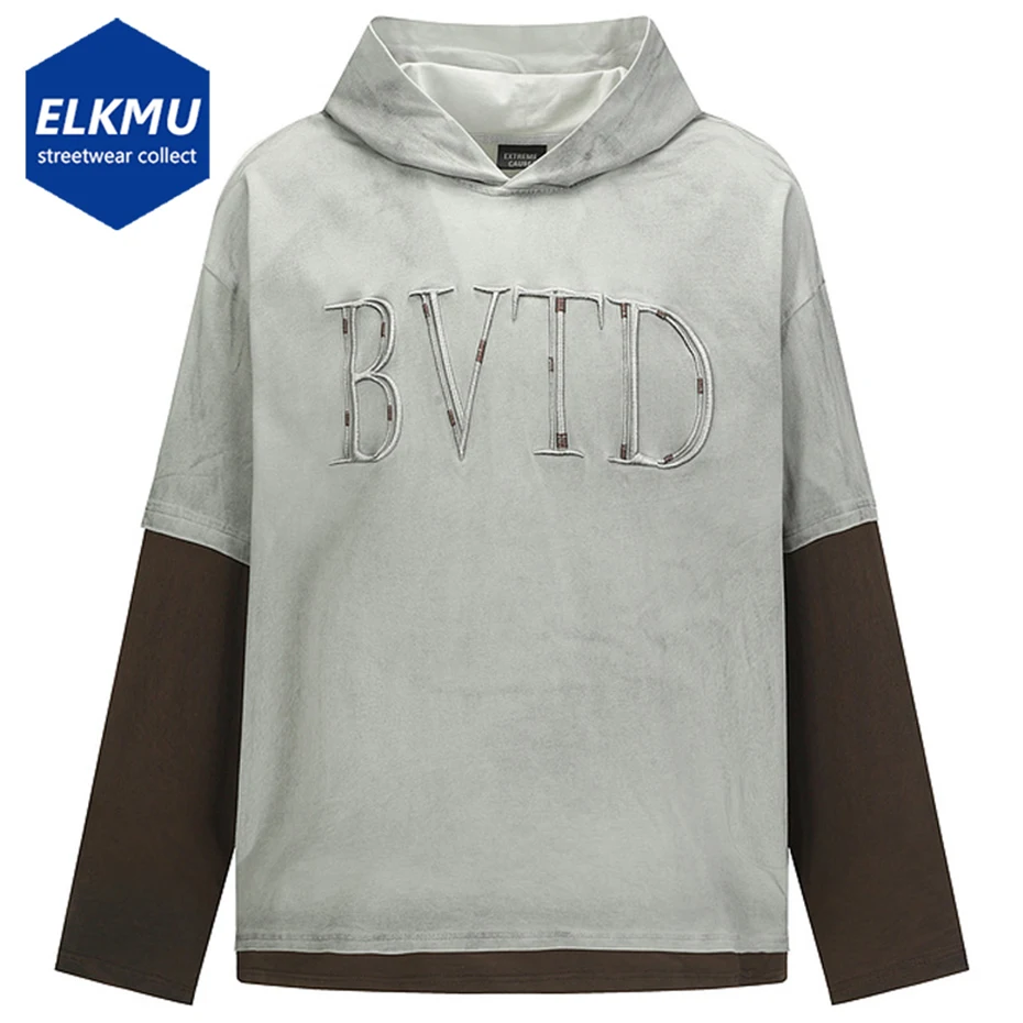 

Vintage Oversized Hooded T Shirts Embroidery Fake Two Piece Long Sleeve T-shirts Streetwear Harajuku Hip Hop Tshirts Tee Tops