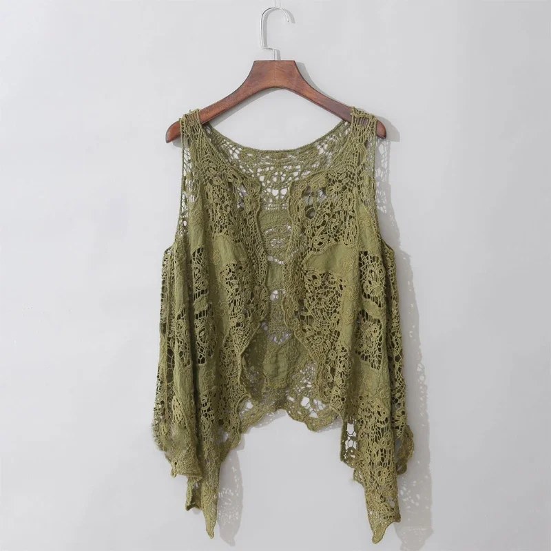 ผู้หญิงเปิดด้านหน้า Cardigan Boho Hollow Out โครเชต์ลูกไม้ผ้าม่านไม่สมมาตร Hem Hippie Shawl สีทึบเสื้อกั๊ก